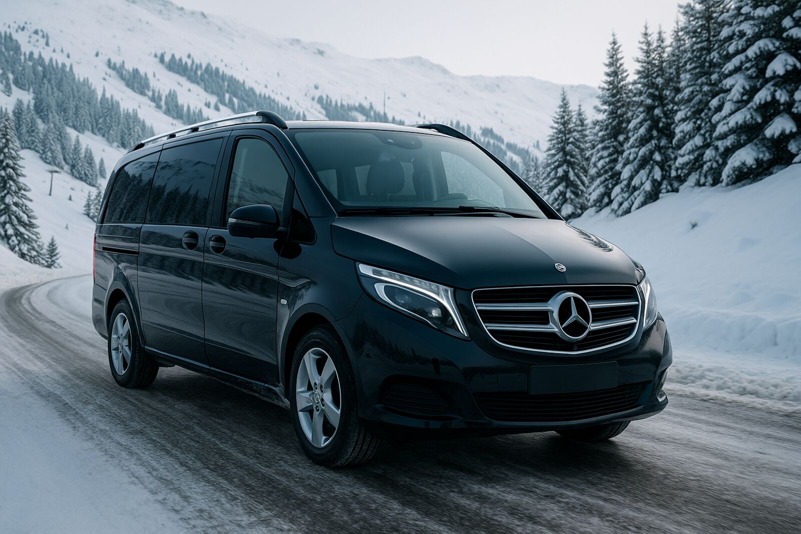 Mercedes Van sur route alpine enneigée